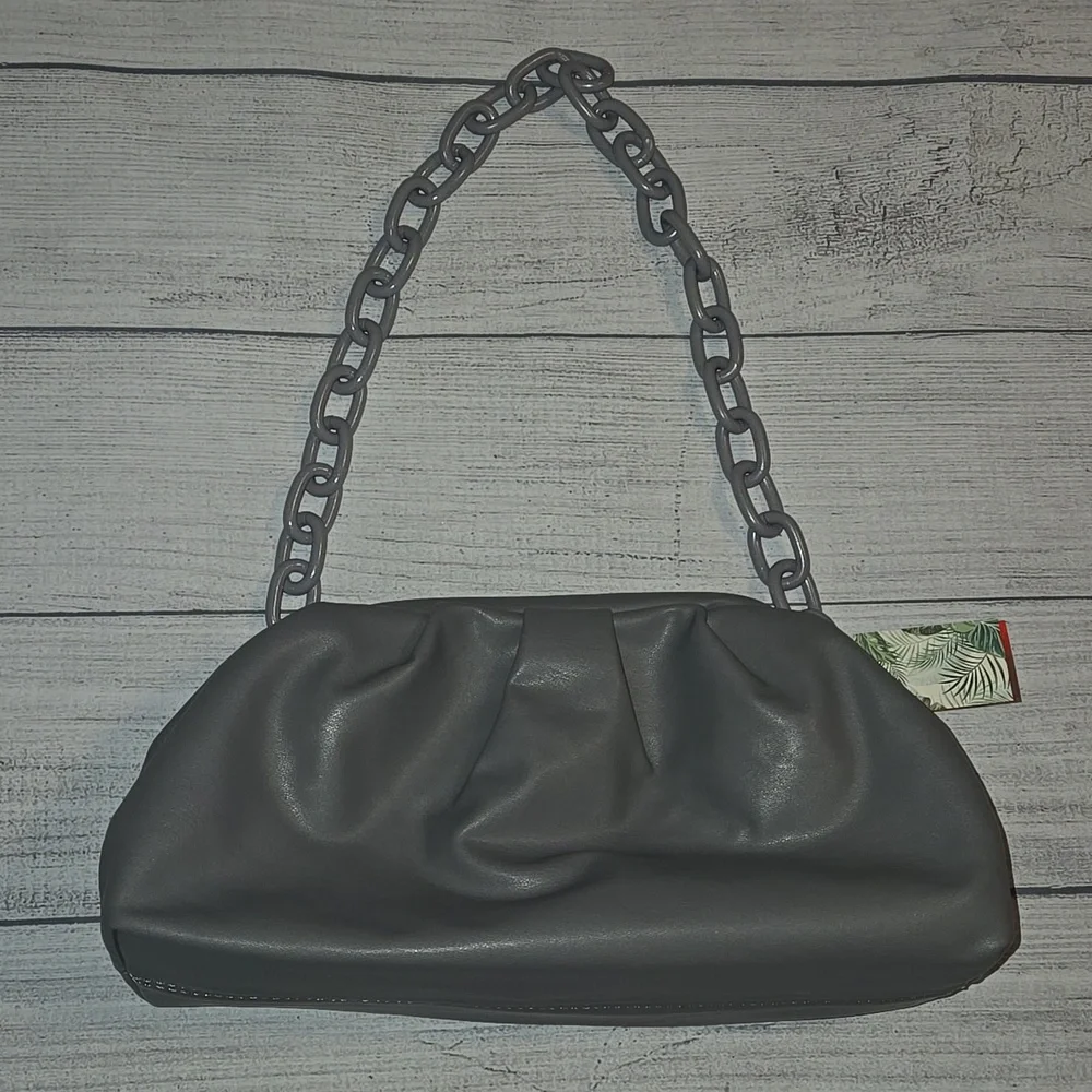 Badgley Mischka Wrapped Frame Clutch Shoulder Bag w/ Chain Link Gray NWT